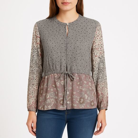 LOGO Lavish Mixed Floral Print Tie Waist Peplum Boho Blouse XS Neutral - Picture 1 of 7